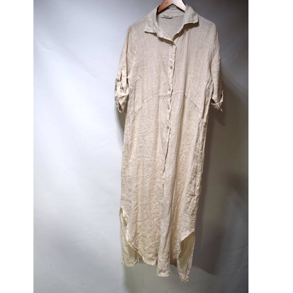 Meo Meli Made in Italy Beige Linen Maxi Shirt Dress Roll Tab Sleeves Large